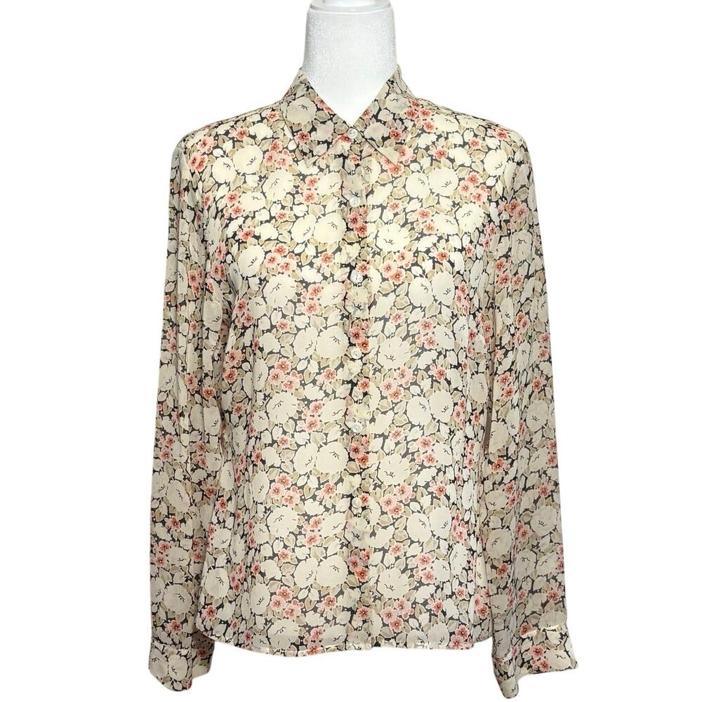 Ann Taylor Silk Floral Blouse Women's 10 Beige Feminine Cottagecore
